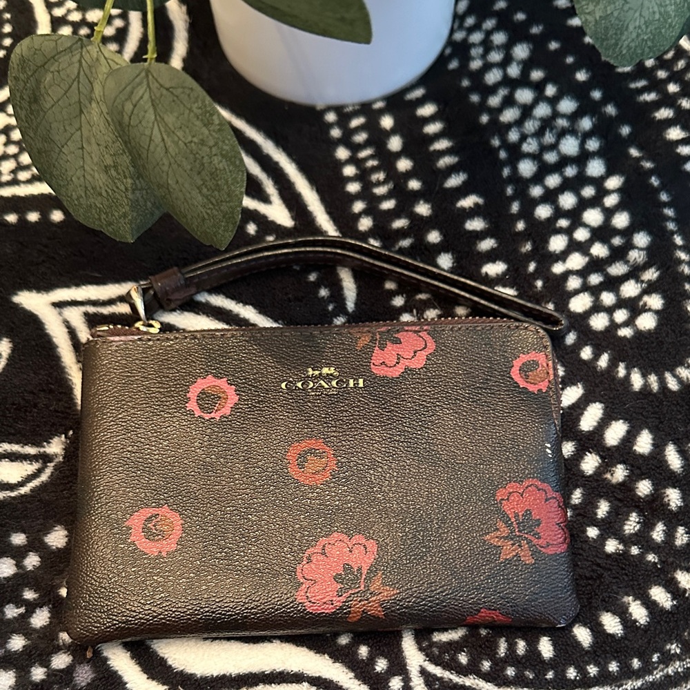 Coach Dark Brown Wristlet with Red Floral Design